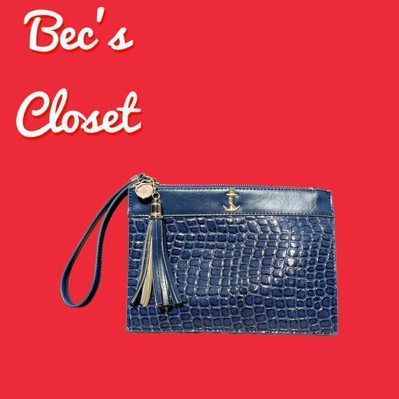 Fashion Navy Blue Crocodile Embossed Nautical Zip Wristlet - Picture 10 of 10